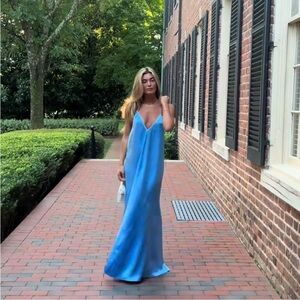Anna October Blue Backless Satin Slip Dresses